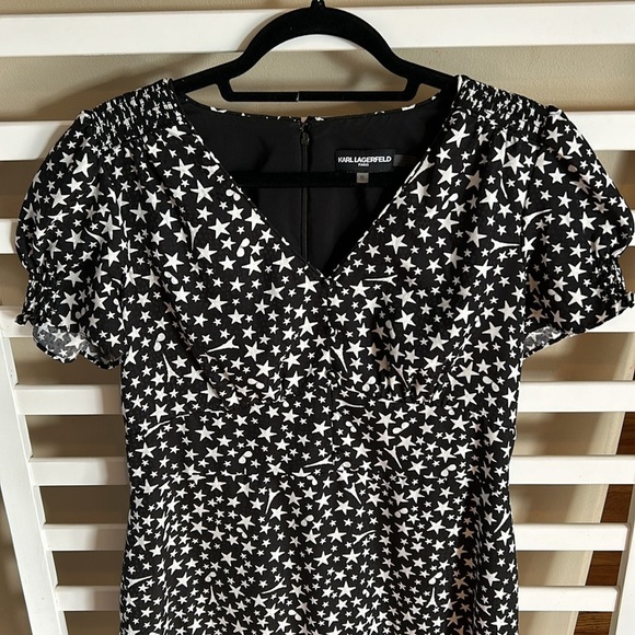 EUC Karl Lagerfeld Paris Star Printed Ruffle Dress  Black & White Size 12 - Picture 5 of 13